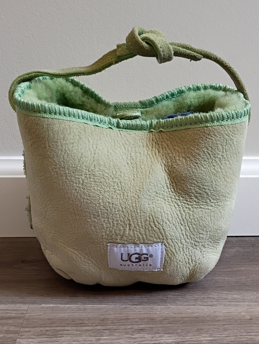 UGG Vintage Y2K Light Green Suede Sherpa Chunky Puff Mini‎ Bucket Tote Handbag